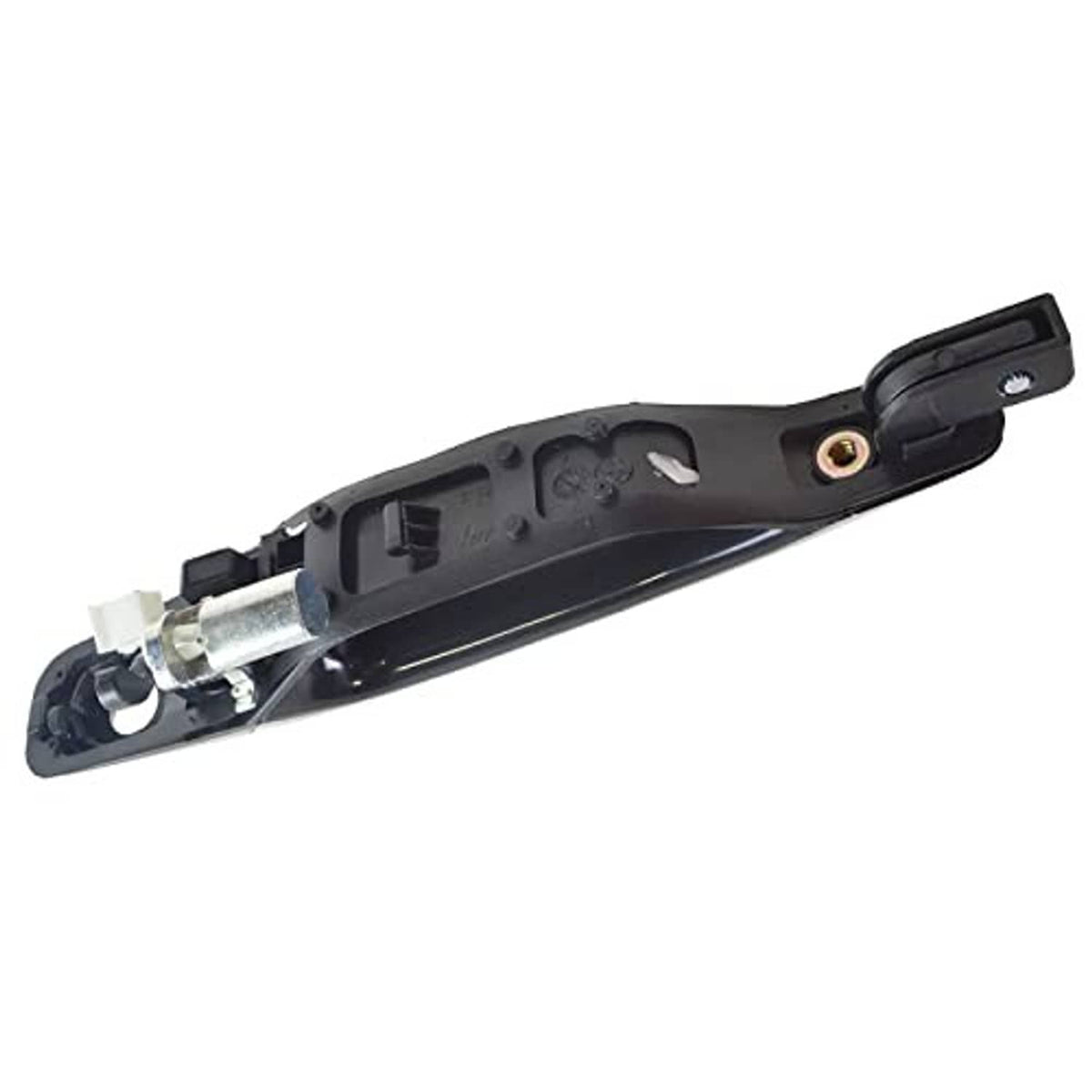 Black door handle back side with internal mechanism, metal pin, and mounting clip