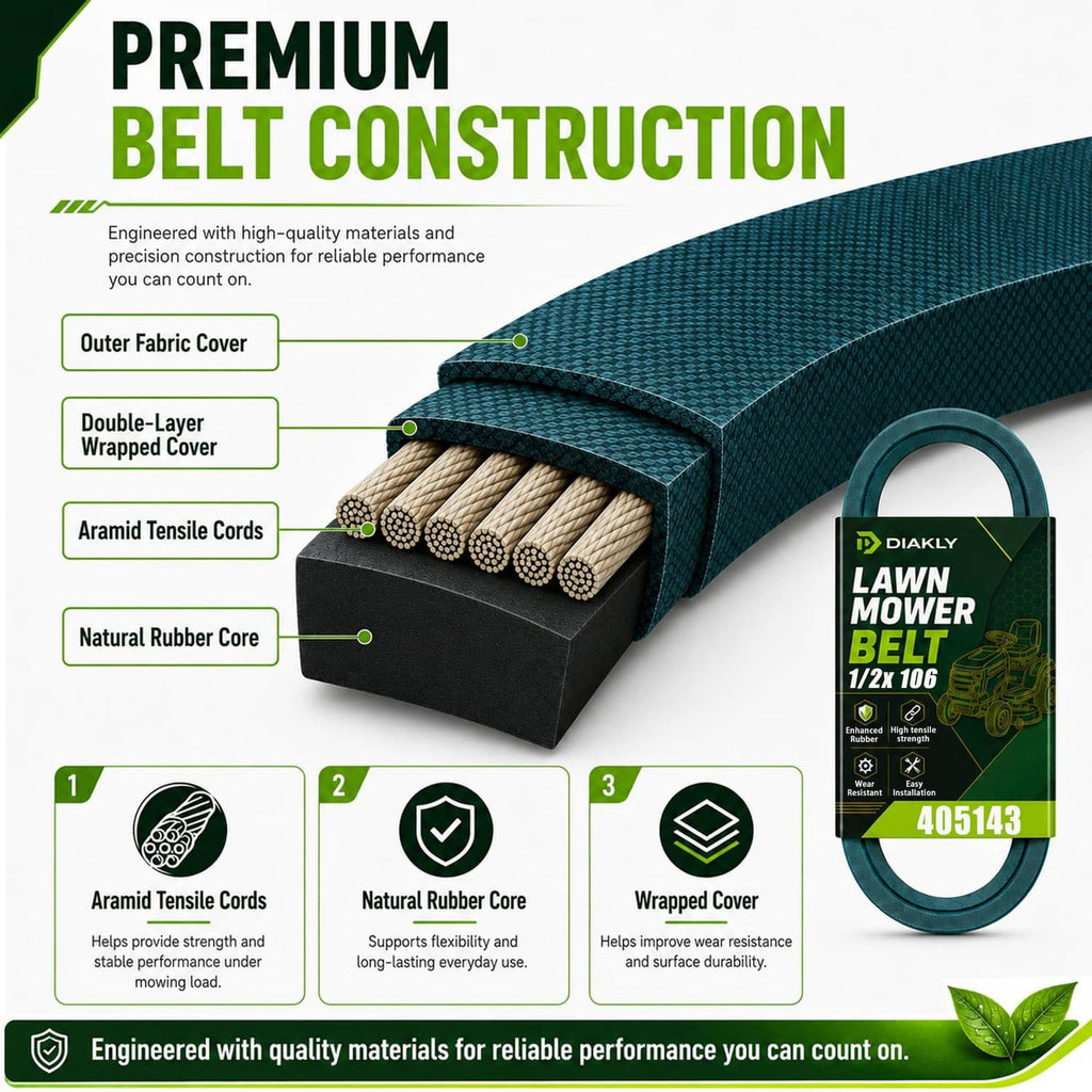 Dark green lawn mower deck belt with aramid tensile cord core, 1/2 x 106 in