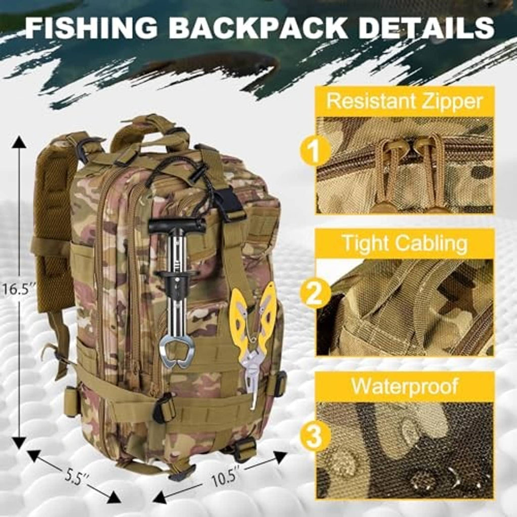Camouflage fishing backpack with waterproof, reinforced zipper and tight cabling details