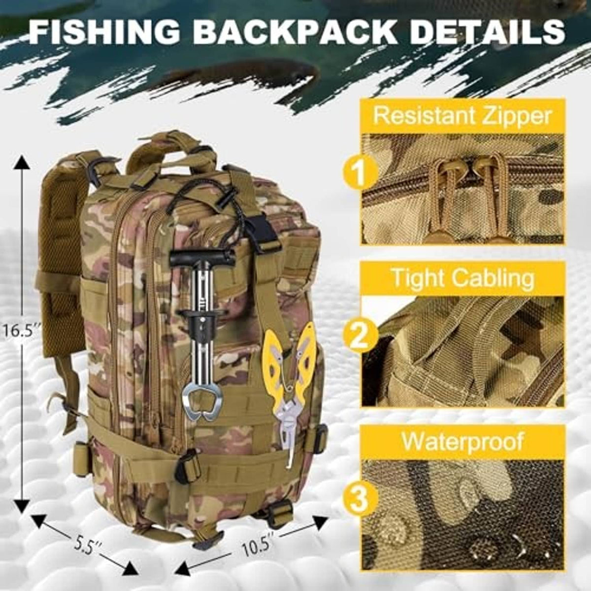 Camouflage fishing backpack with waterproof, reinforced zipper and tight cabling details