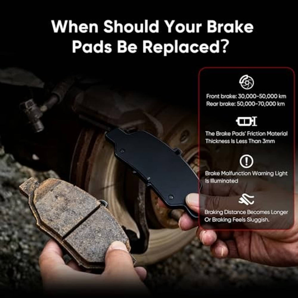 Hands holding ceramic brake pads beside brake rotor