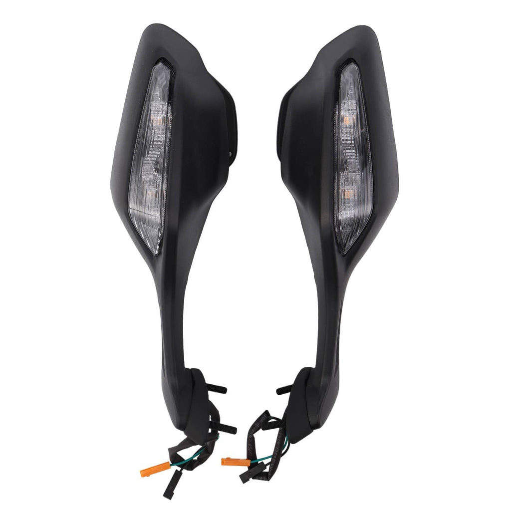 Two black motorcycle rearview mirrors with clear lenses and integrated LED indicators