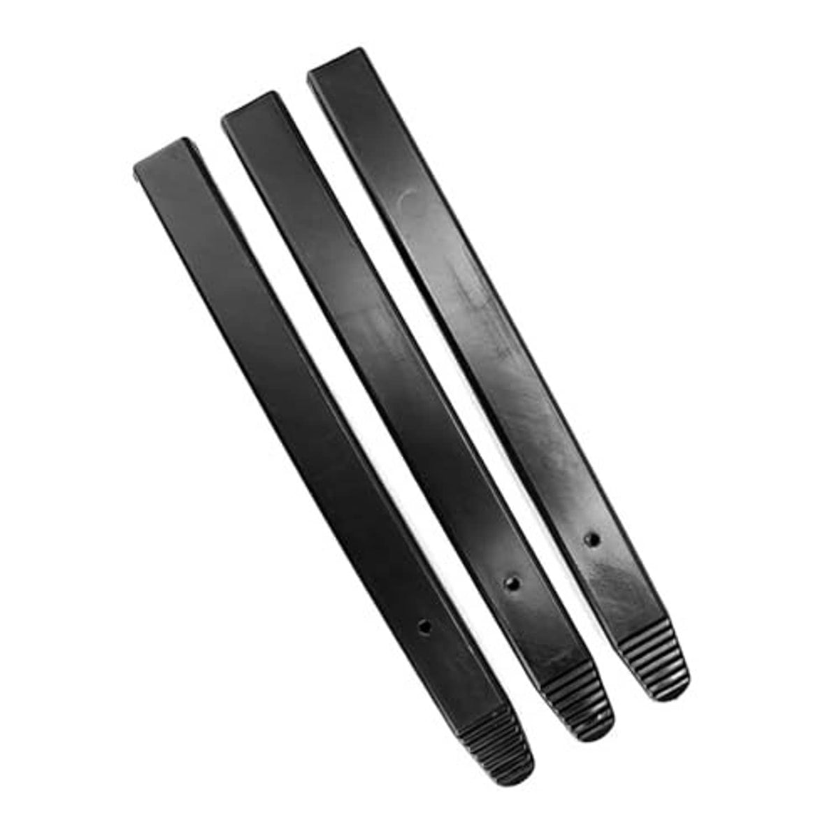 Three black rim protector sleeves with ridged tips and mounting holes in a set