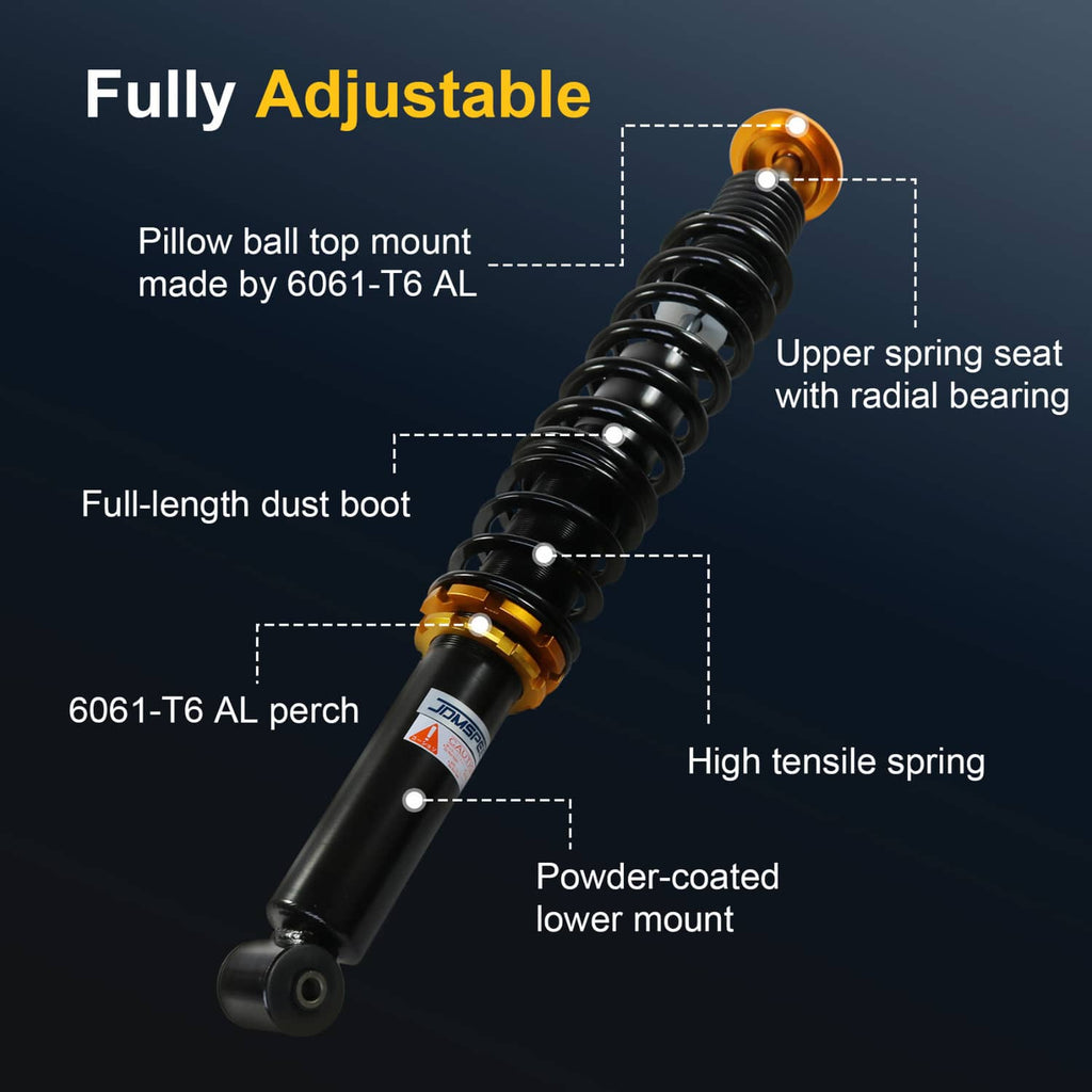 Fully adjustable coilover shock with black spring, gold perch, and dust boot