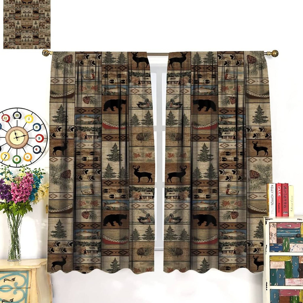 Rustic wildlife print curtain panels with dark rod pocket and top hanging hardware