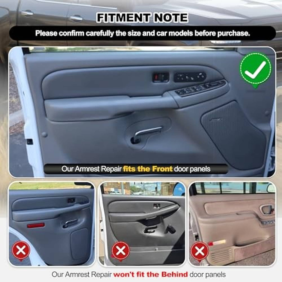 Front door armrest repair kit shown for correct installation on door panel