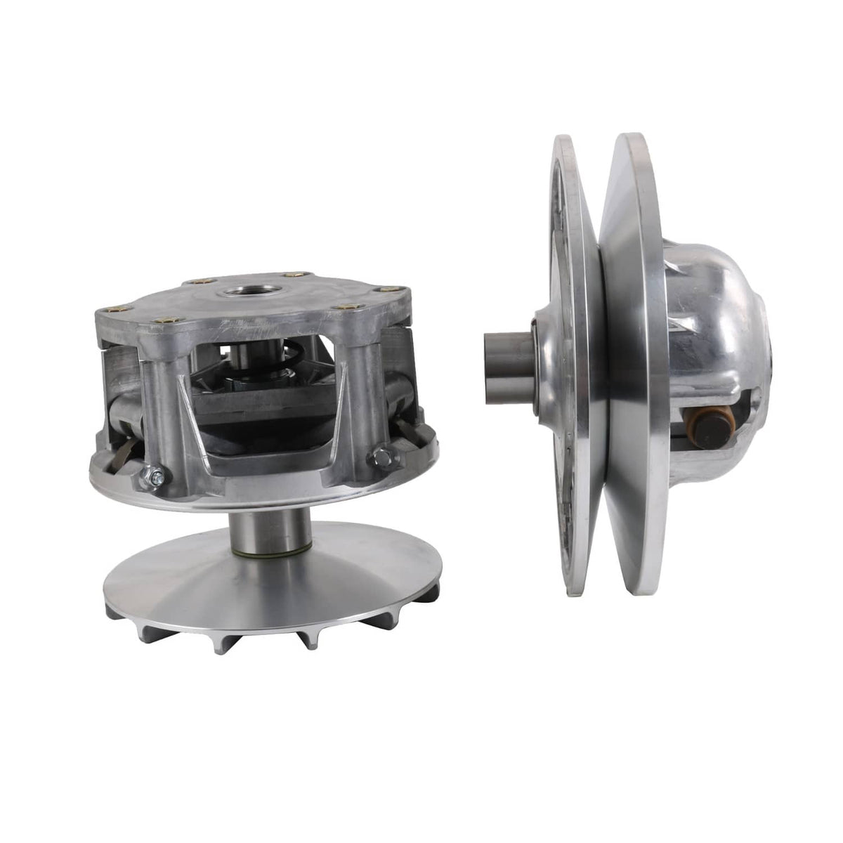 Silver clutch assembly with disc plate and housing in side and front view