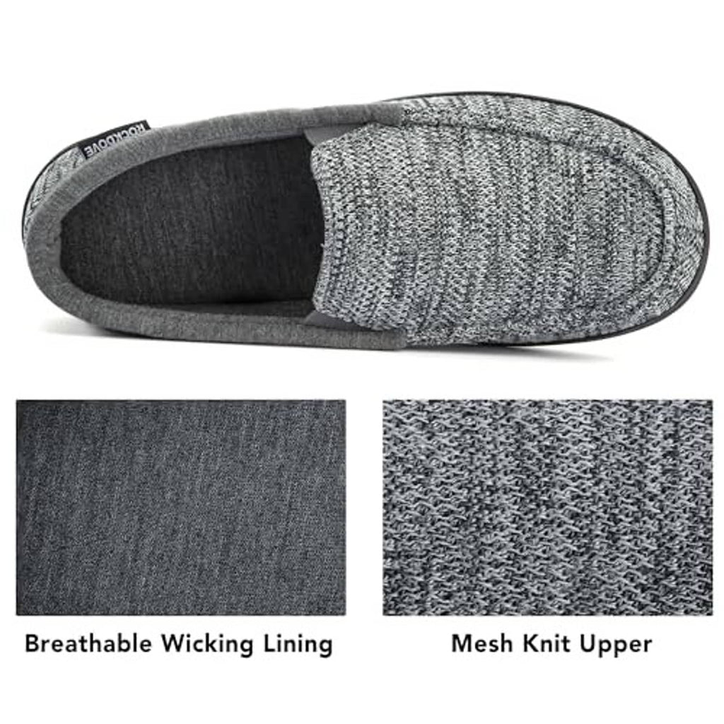 Men's tweed moc slippers, light gray knit upper with cushioned footbed and open collar