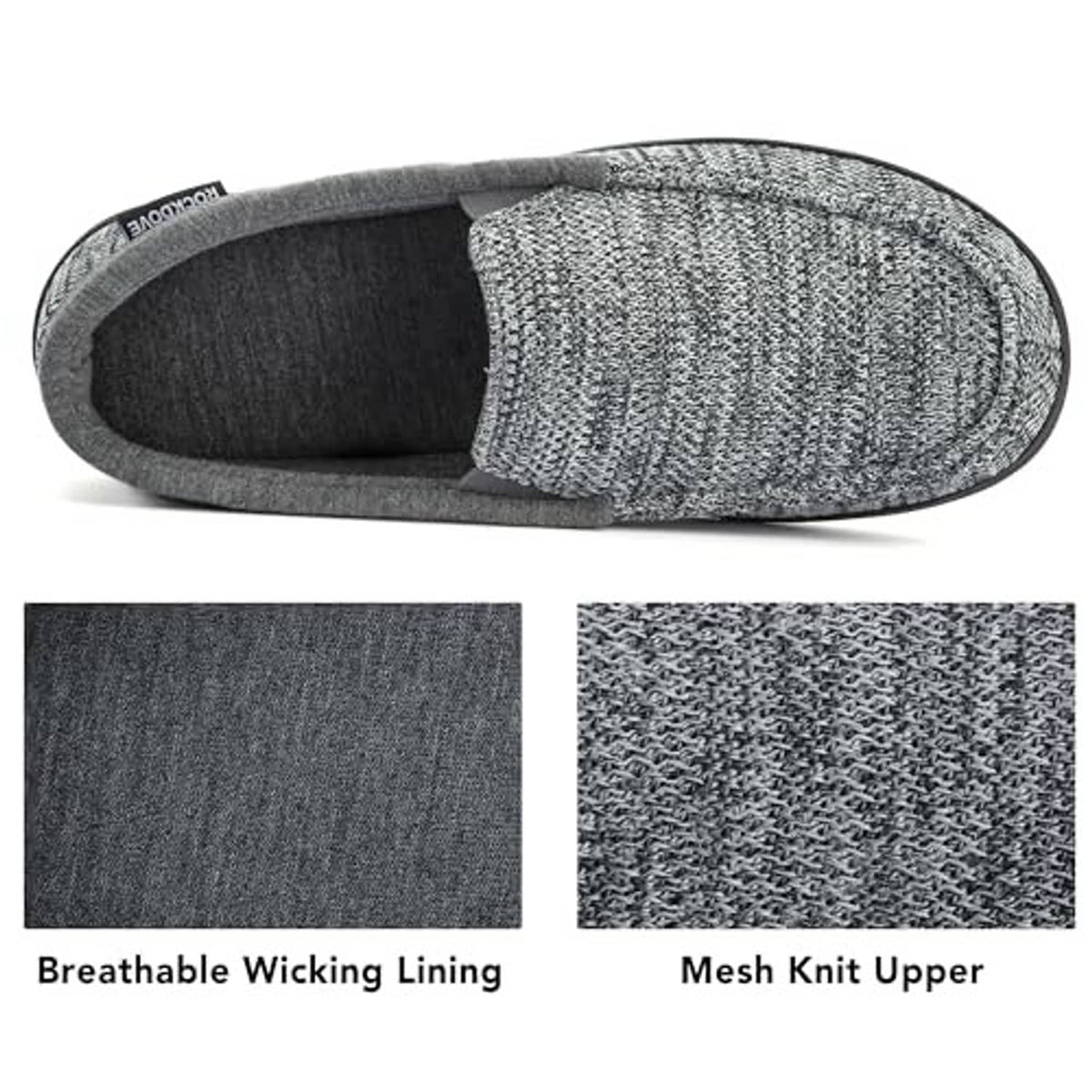 Men's tweed moc slippers, light gray knit upper with cushioned footbed and open collar