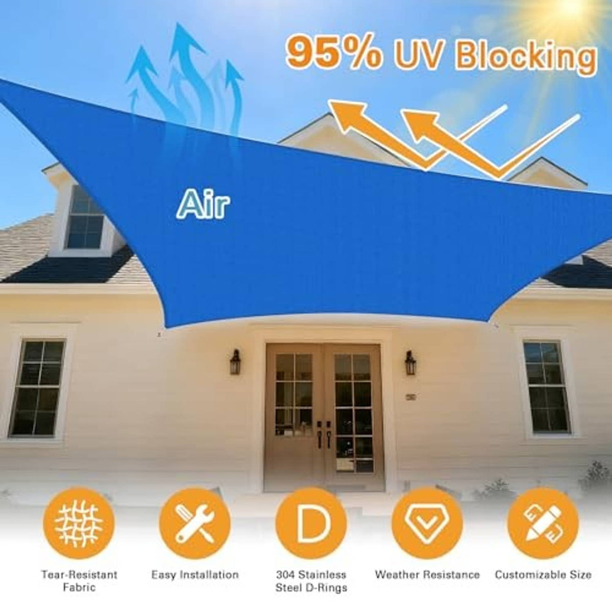 Blue sun shade sail front view with airflow panel and grommets for mounting.
