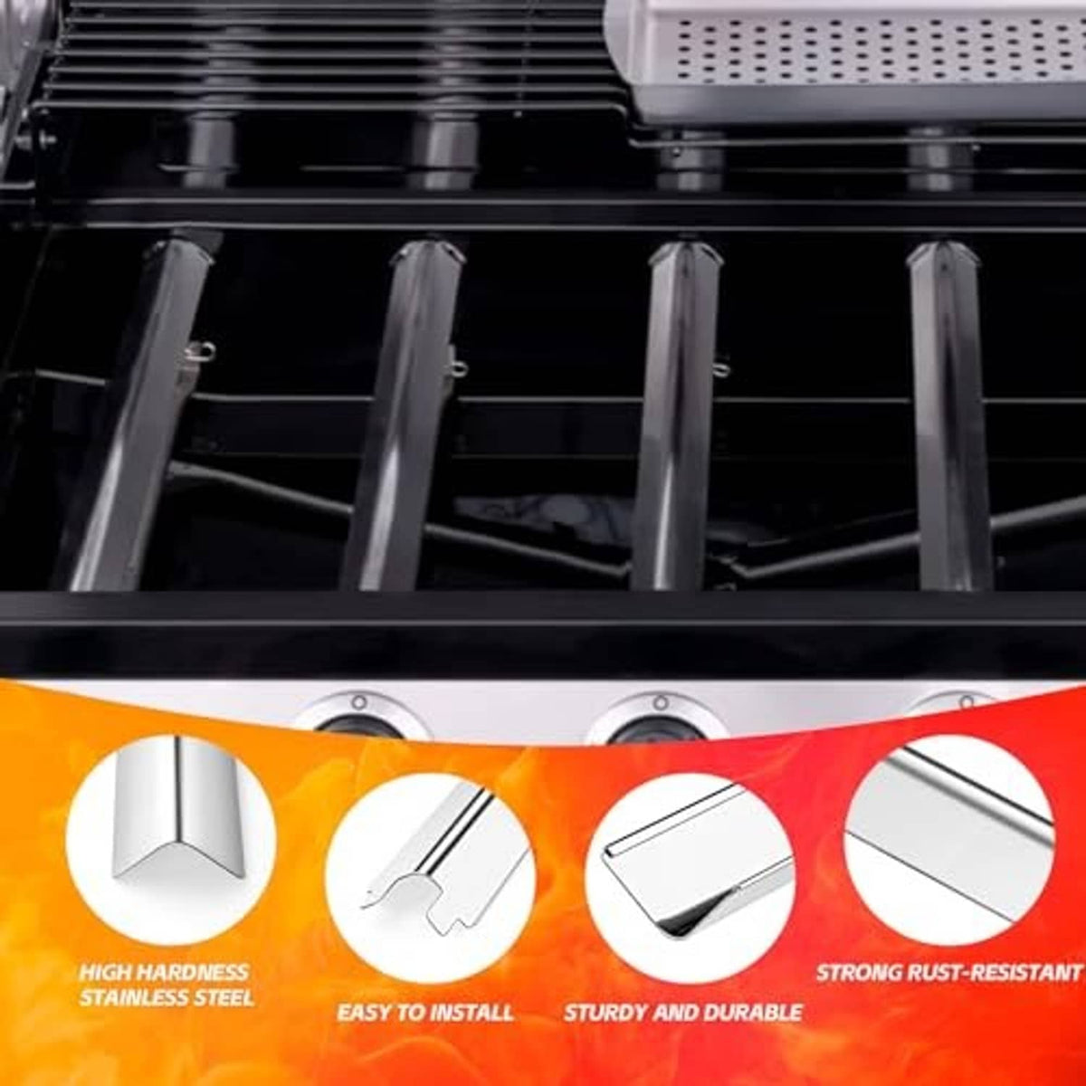 Close-up of stainless steel burner tubes beneath the grill cooking grates