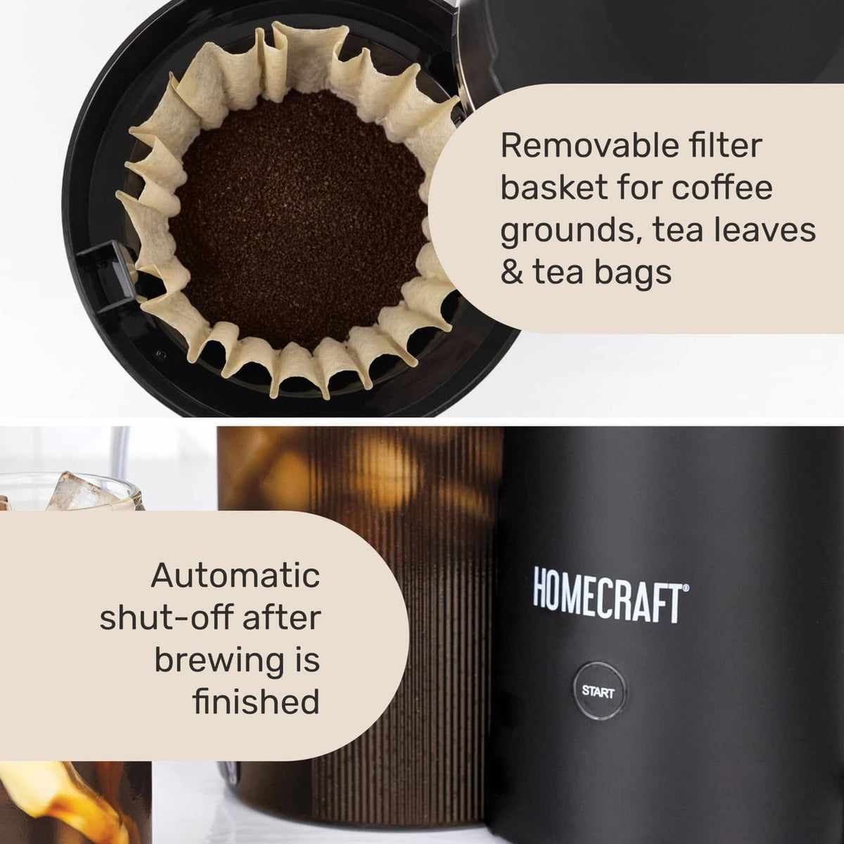 Black iced tea maker showing removable filter basket with dark grounds inside