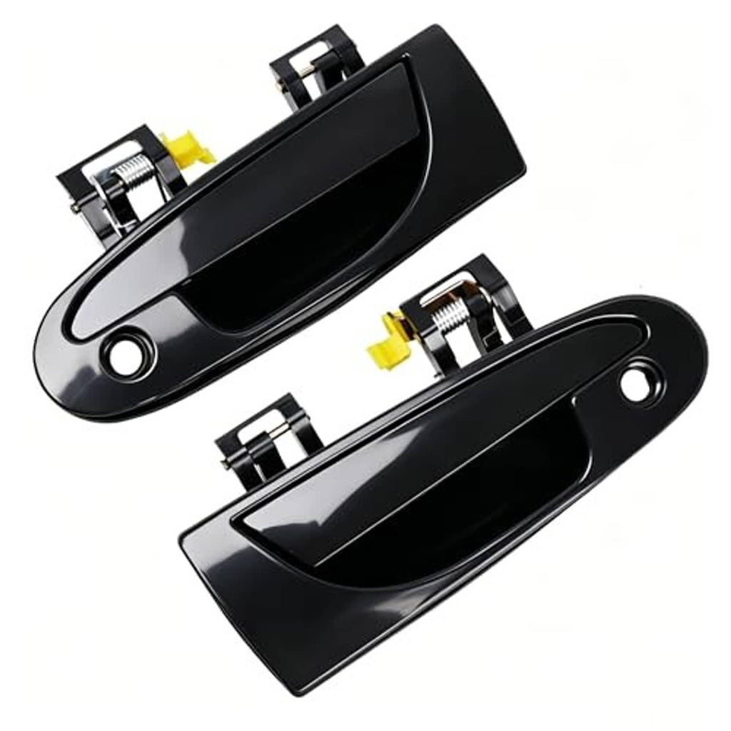 Two-piece black exterior door handles with metal latch mounts and yellow clips