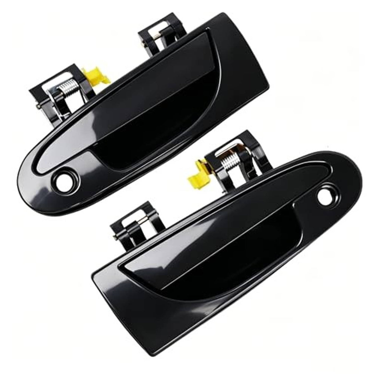 Two-piece black exterior door handles with metal latch mounts and yellow clips