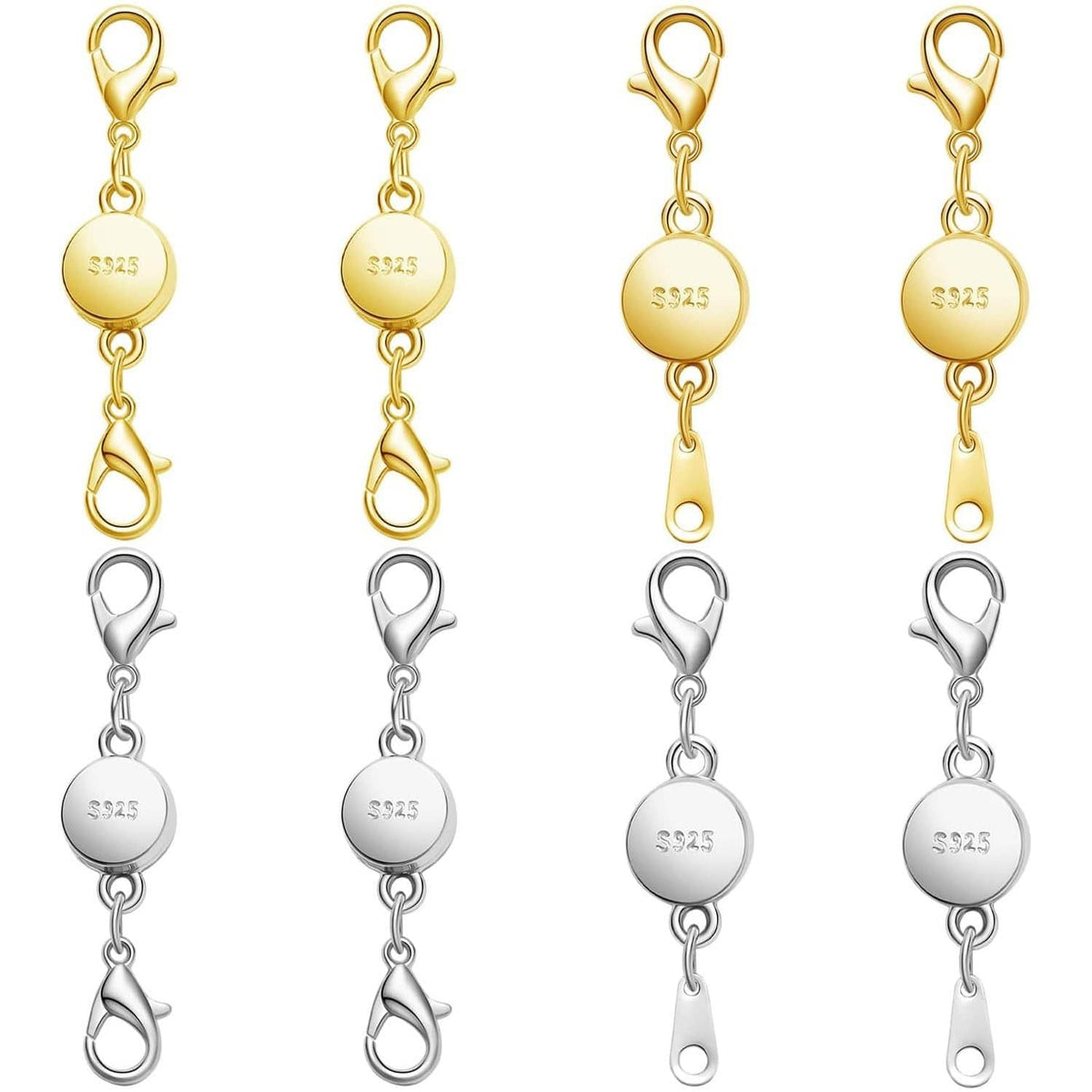 Magnetic necklace clasp set with round 925 charms, gold and silver, hook ends