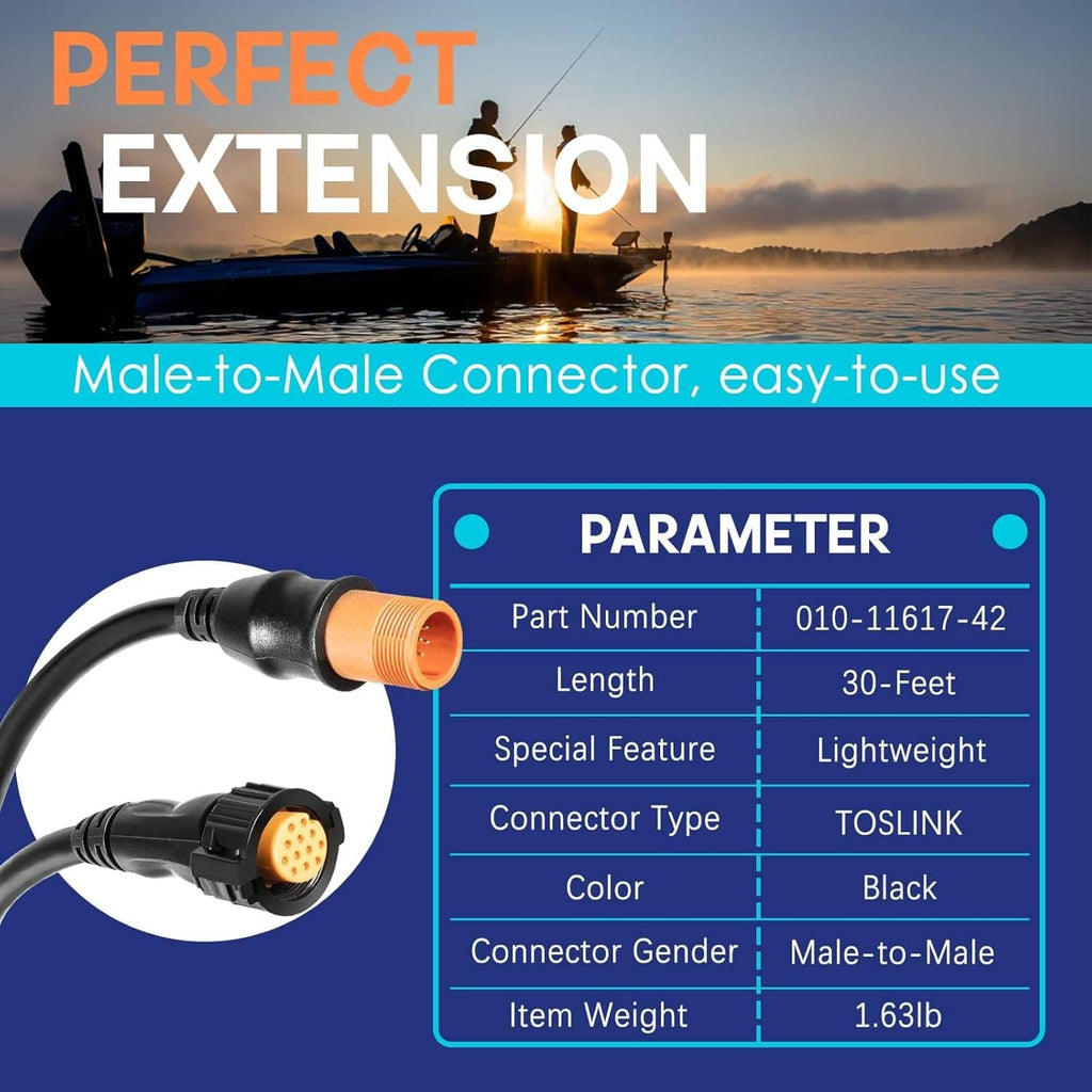 Black transducer extension cable with orange male-to-male 12-pin connectors