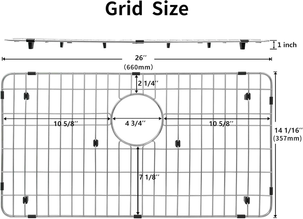 Stainless steel sink grid protector with centered round drain opening and corner tabs