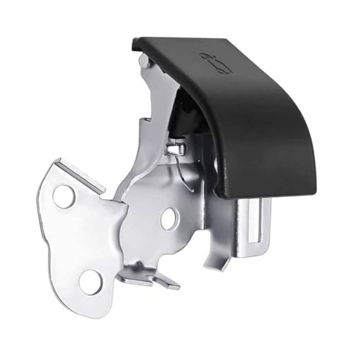 Hood latch lock actuator release handle with black cover and silver latch bracket
