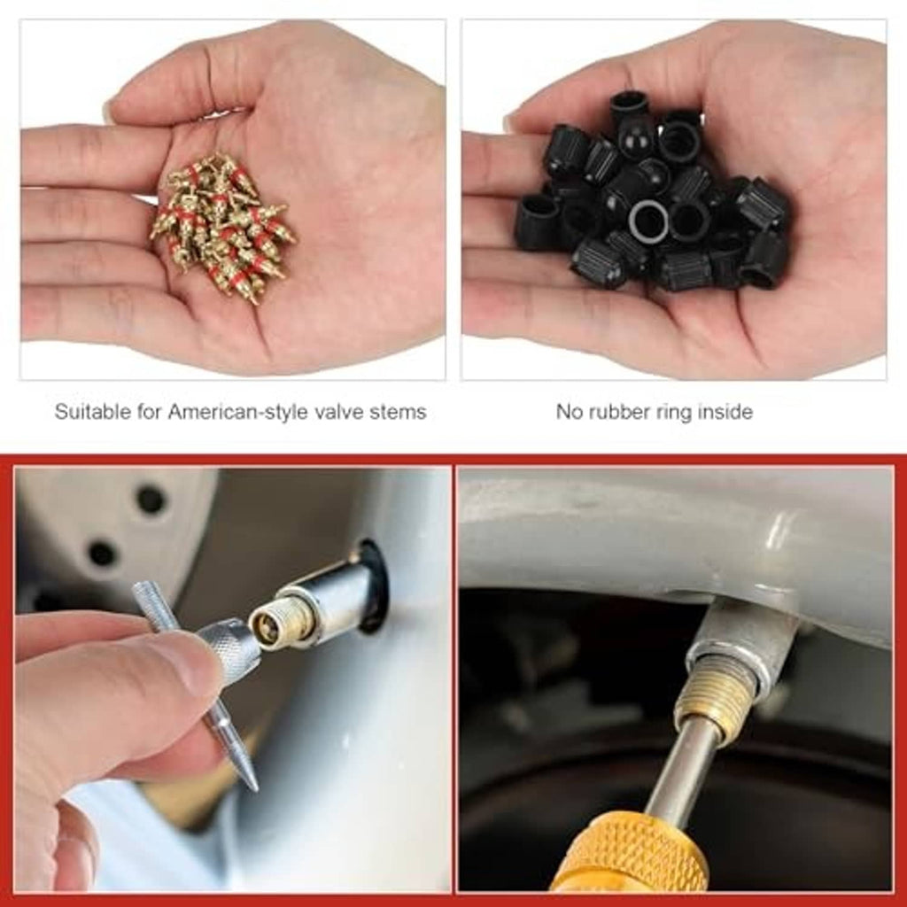 Set of tire valve stem caps and installation tool, shown held in hands