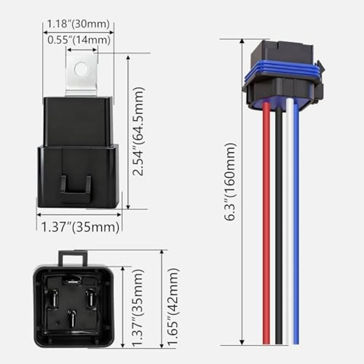 4-pin relay socket dimensions with blue and red/blue/black wire leads, mounting bracket