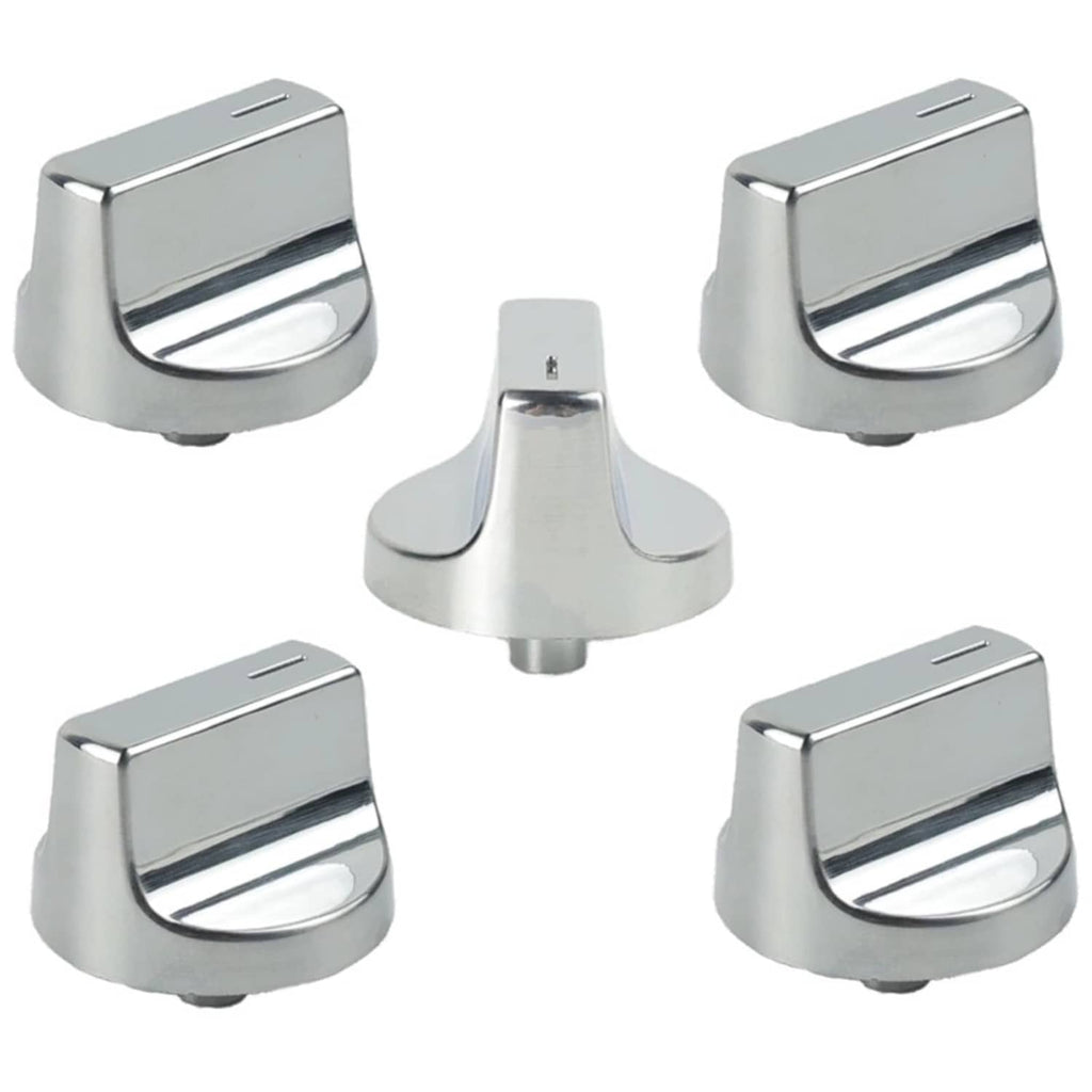 Set of five silver metal stove control knobs with D-shaped ring detail