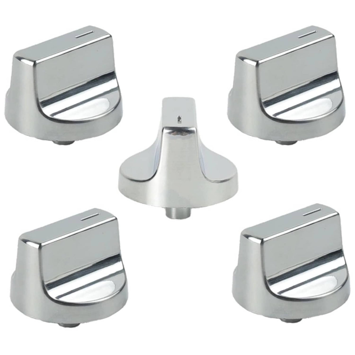 Set of five silver metal stove control knobs with D-shaped ring detail