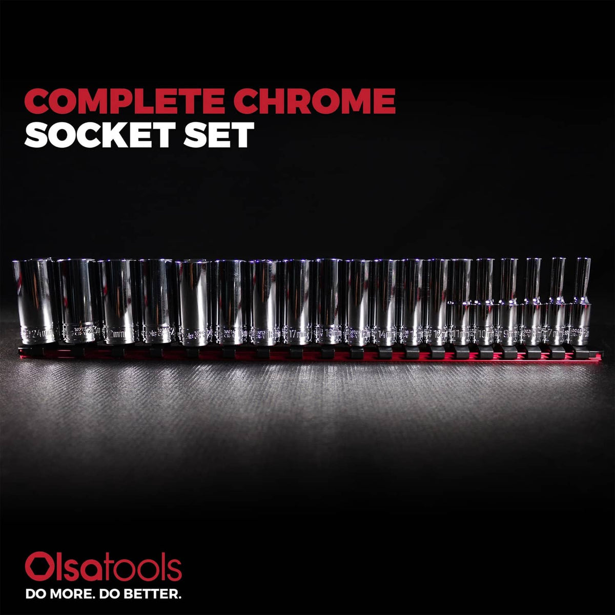 Complete chrome deep socket set arranged in a line on a red rail