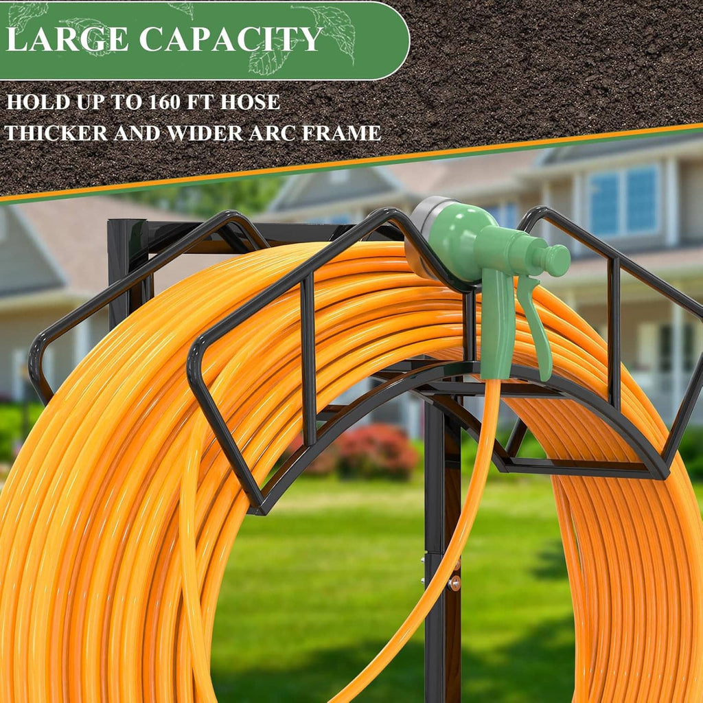 Garden hose holder stand with large coiled orange hose and green spray nozzle