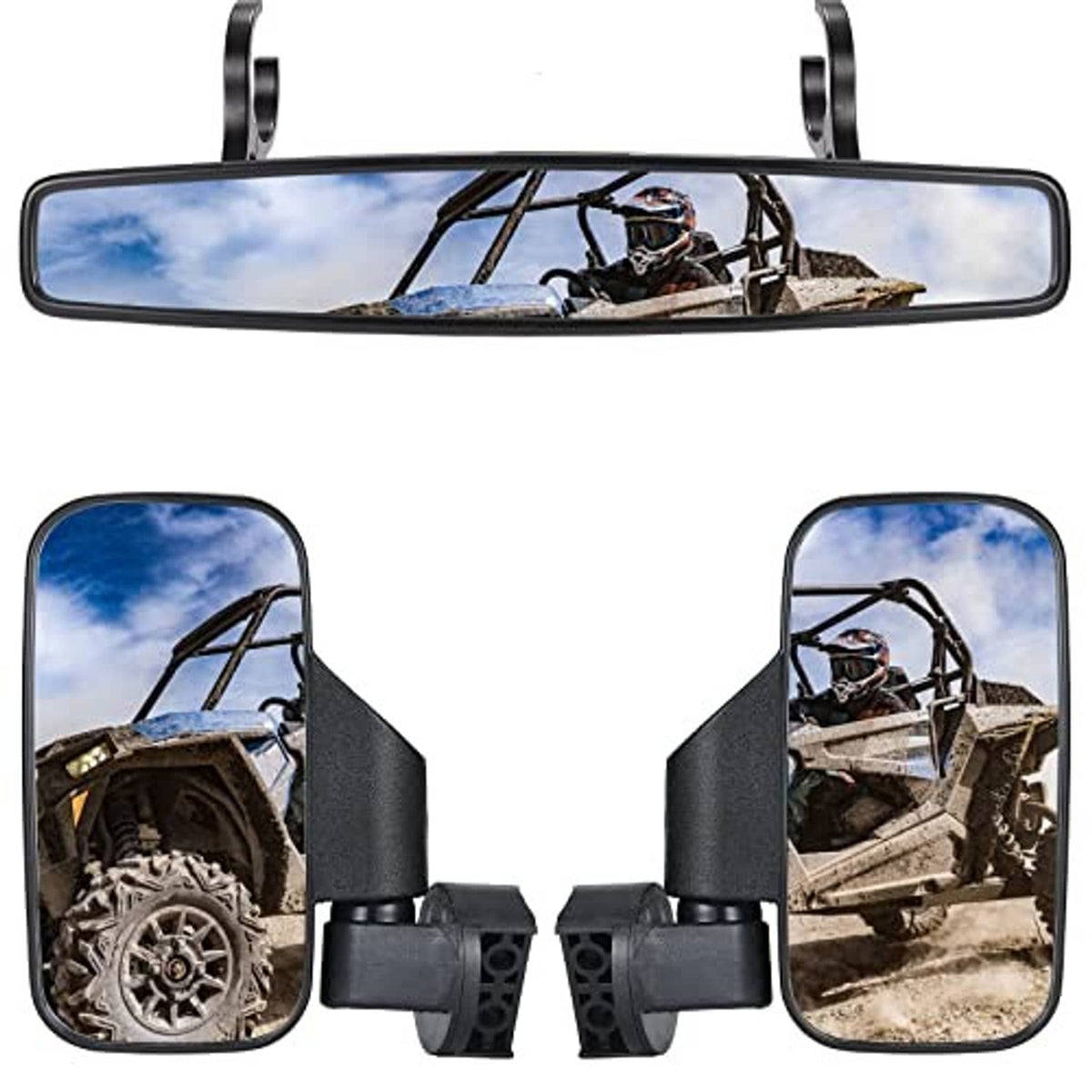 UTV center mirror and side mirror pair with adjustable mounts for roll bar