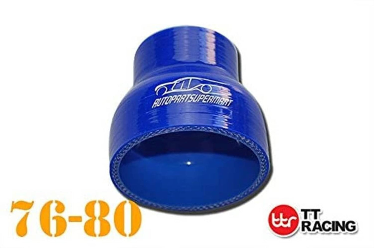 Blue silicone hose reducer coupler with TT Racing logo, 76–80mm