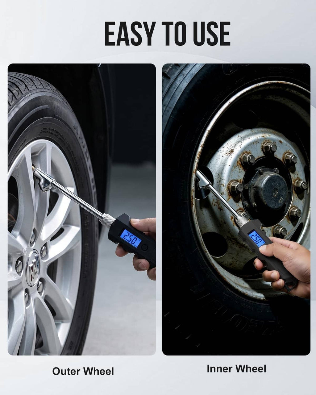 Black tire pressure gauge used on outer and inner wheel valves with LCD