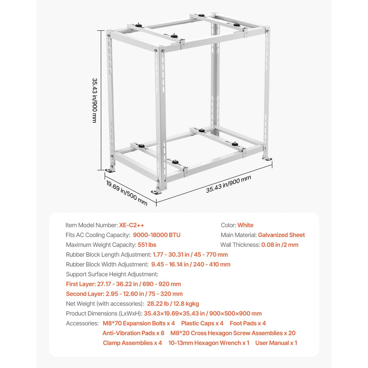 White dual-level mini split ground stand with dimensions shown for fit and height