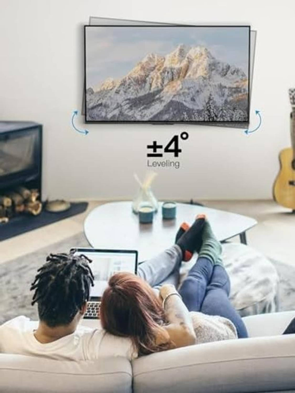 Full-motion TV wall mount with ±4° leveling adjustment for accurate viewing angle