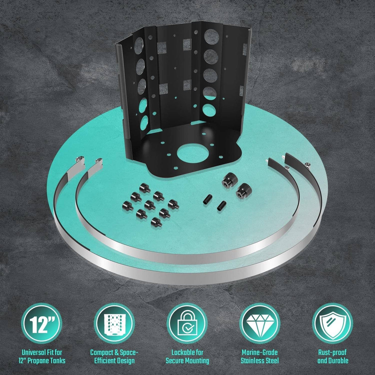 Propane tank mounting bracket with base plate, screws, and clamp strap rings.