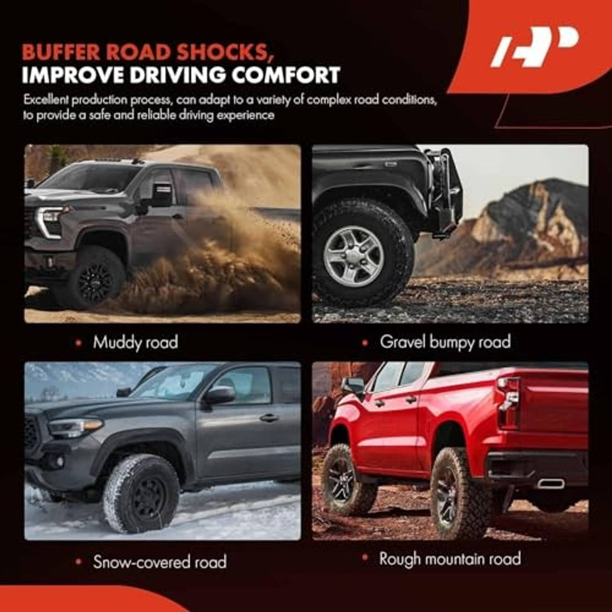 Suspension shock comfort concept with vehicle images on rough, muddy, gravel and snow roads