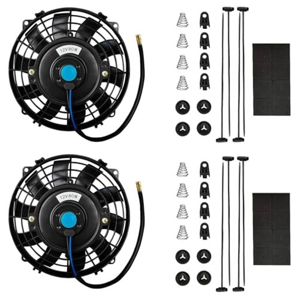 Set of 2 black 7-inch radiator cooling fans with blue center, fan blades, and parts