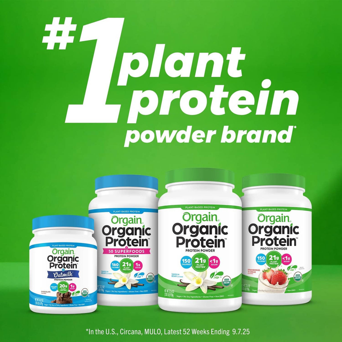 Variety pack of organic protein powder tubs, four flavors displayed