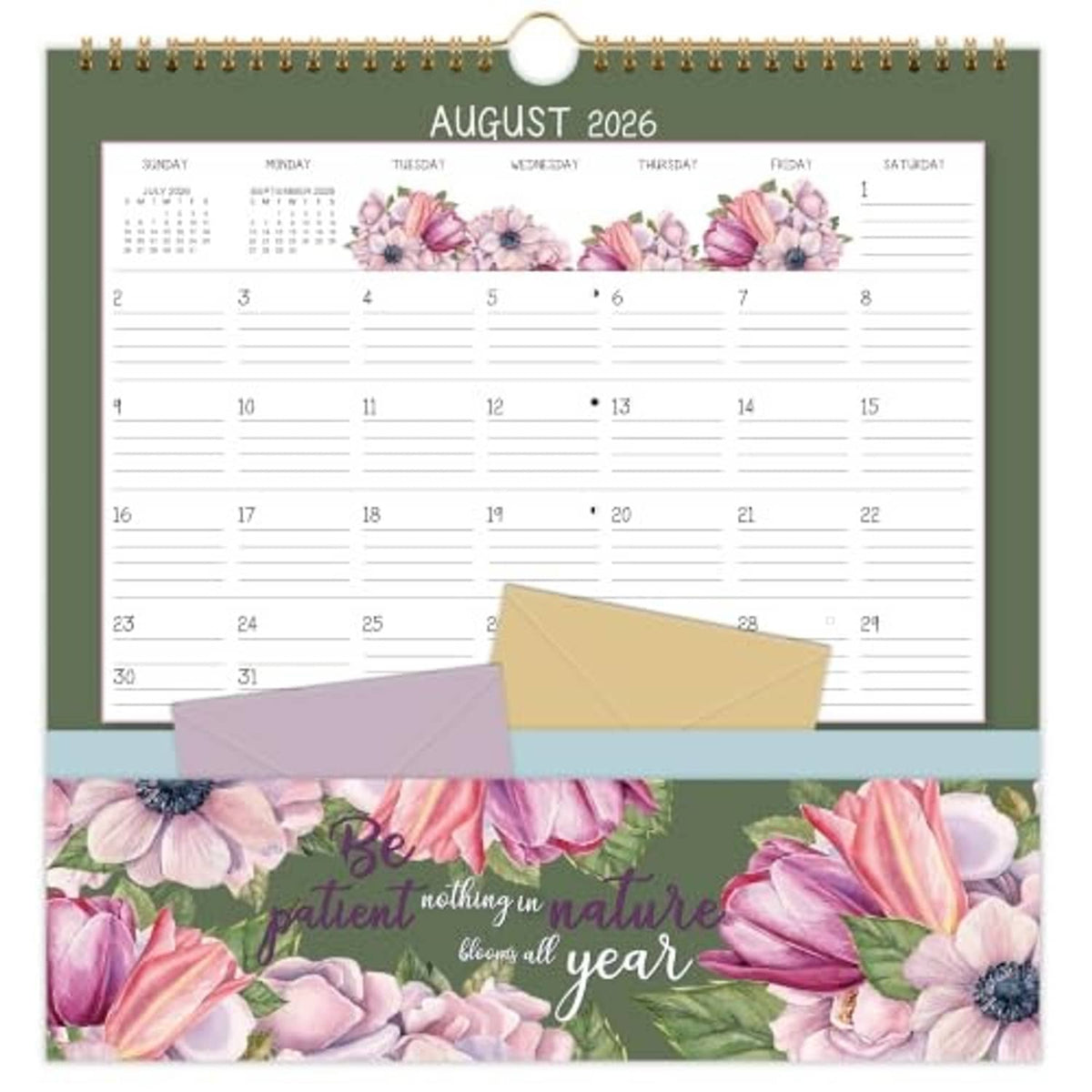 2026–2027 wall calendar with August 2026 month view, floral lower panel and pocket