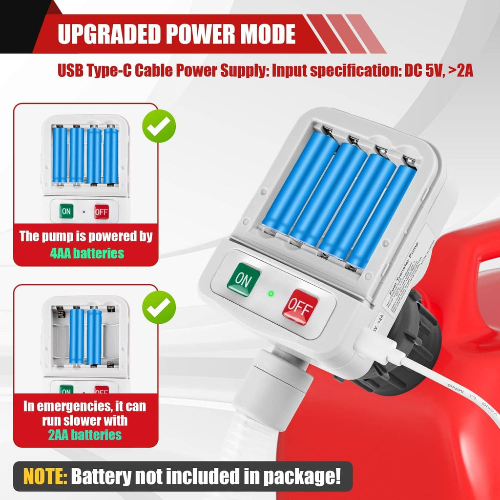 Red fuel transfer pump with open battery compartment and control switches