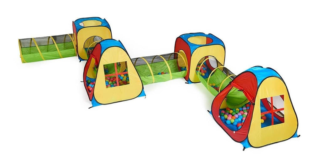 Connected kids play tunnel and teepee tents in red, yellow, blue and green