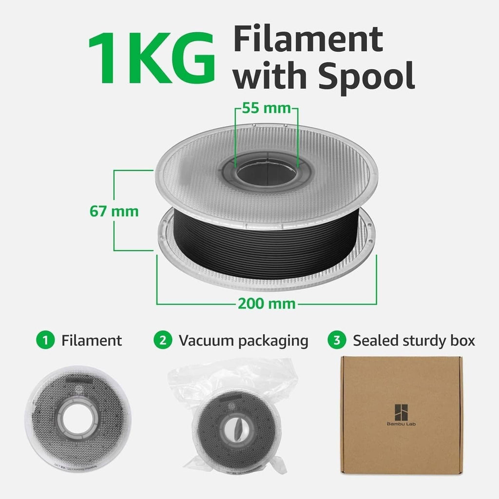 1 kg PLA filament spool with black filament on a gray reel, size diagram