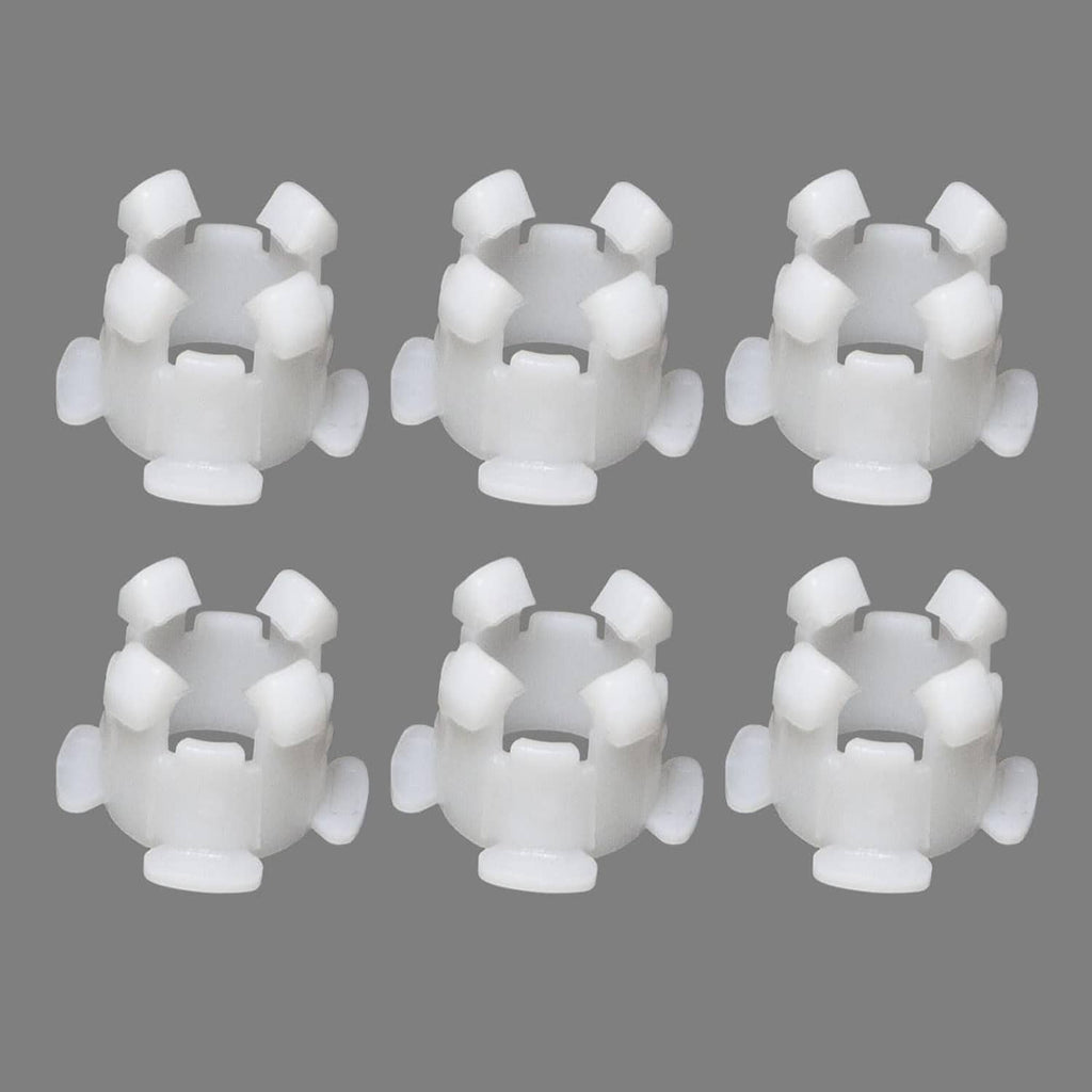 Clutch pedal shaft bushing set, six white plastic bushings with keyed clips