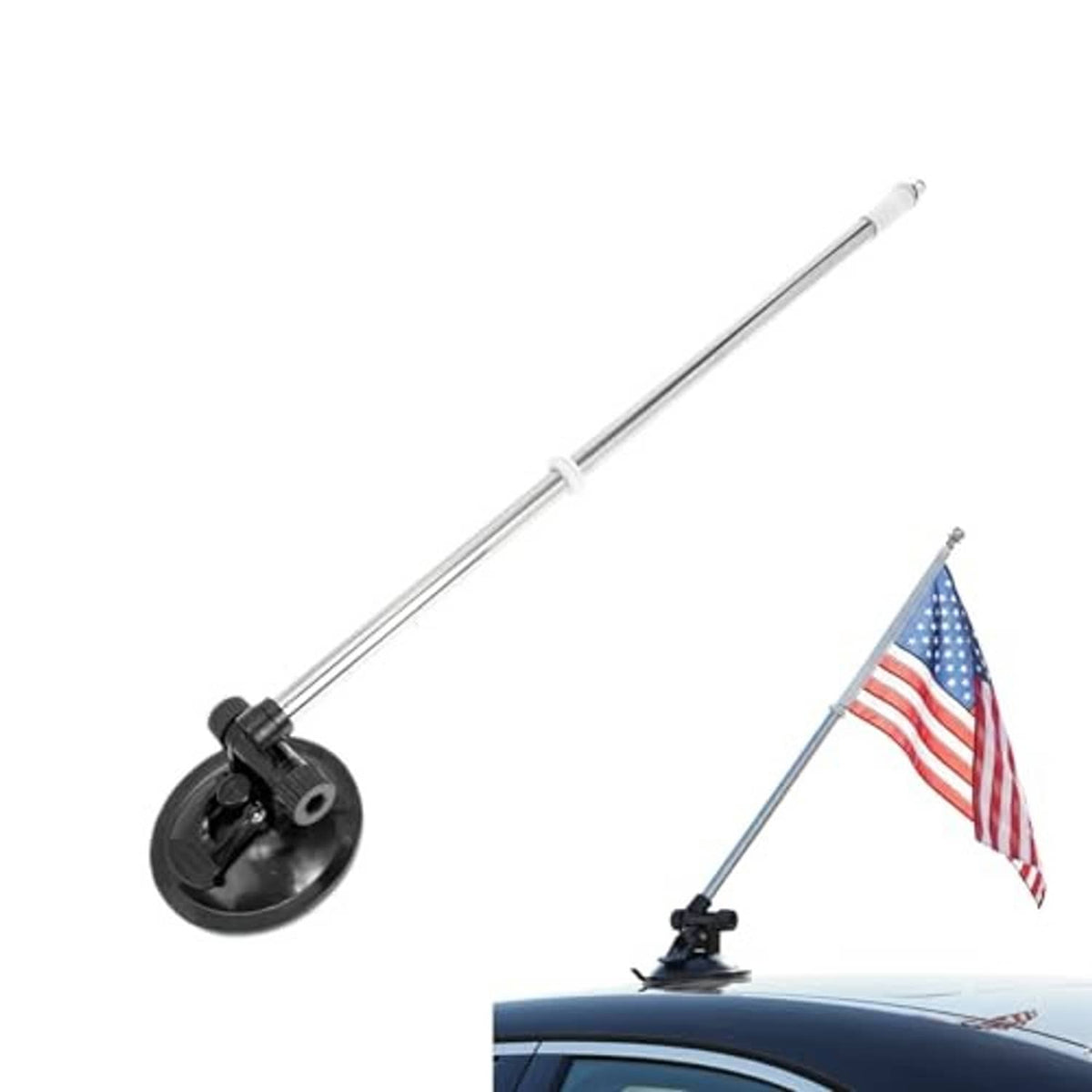 Car flagpole mount with telescopic stainless pole and suction cup base