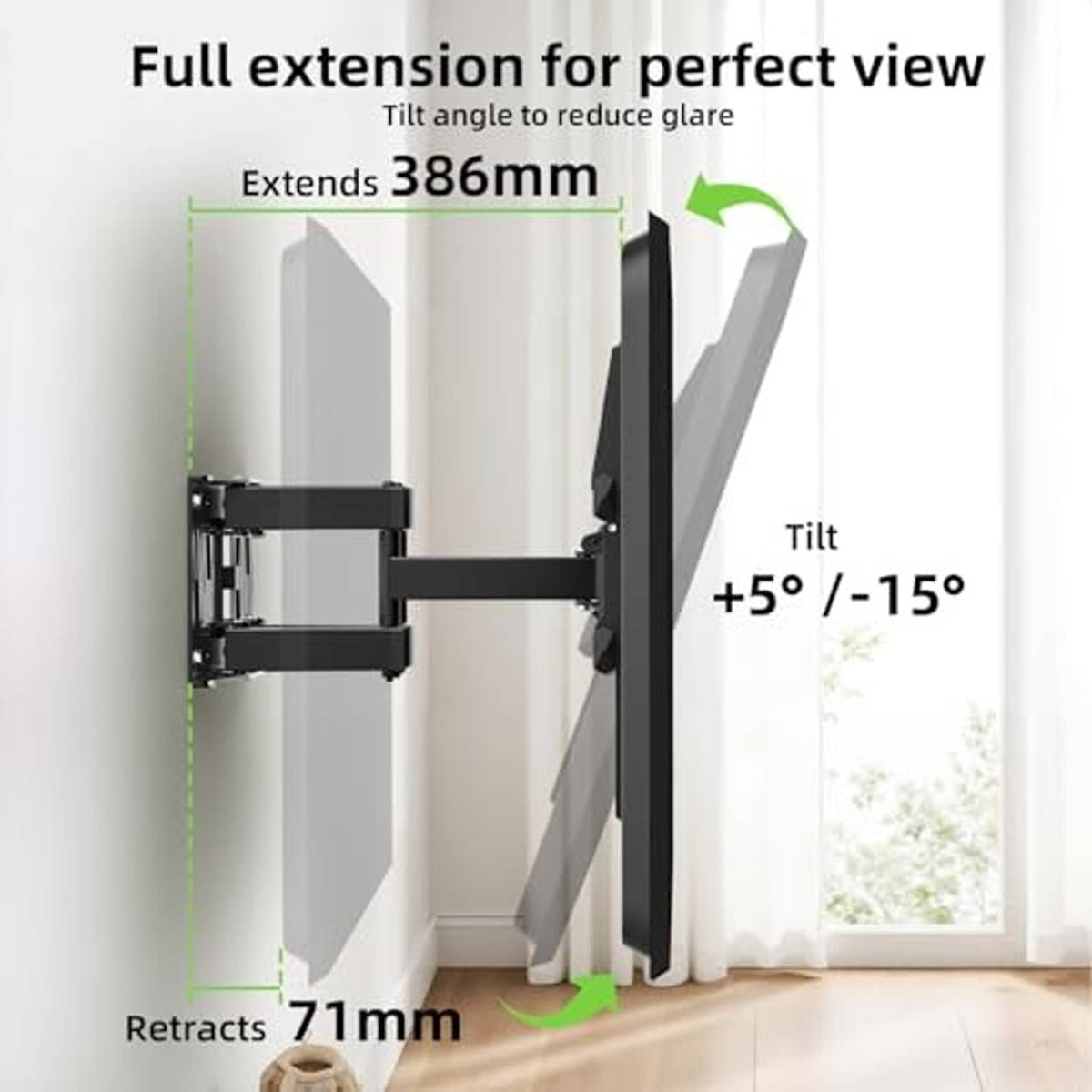 Full extension TV wall mount showing tilt range and retracted-to-extended motion