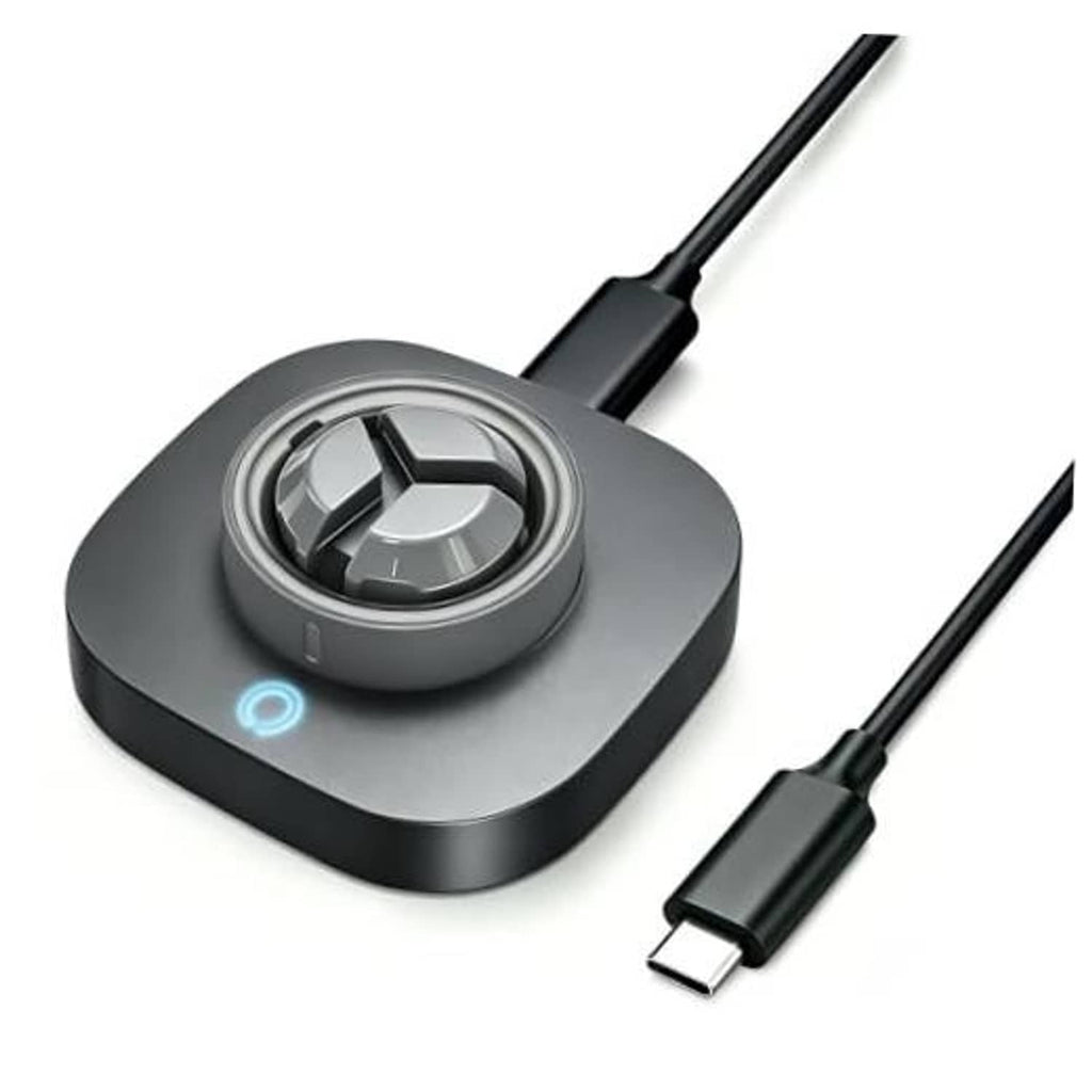 Matte black charging dock with circular ring holder, blue indicator, and USB-C cable