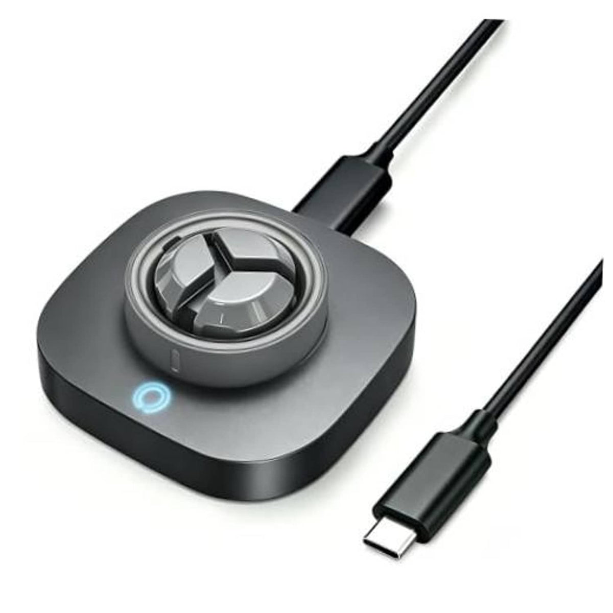 Matte black charging dock with circular ring holder, blue indicator, and USB-C cable