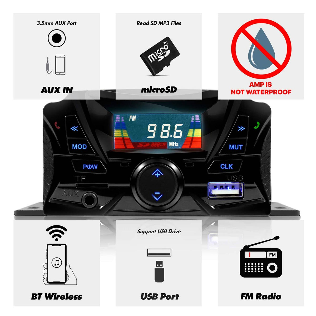 Bluetooth audio receiver head unit with FM display and front AUX/USB ports
