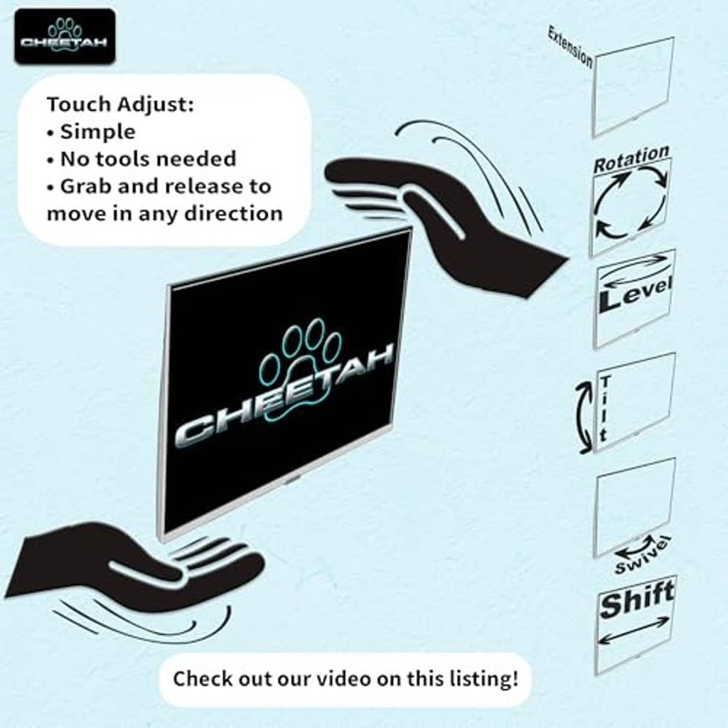 Black TV wall mount with touch-adjust movement controls diagram