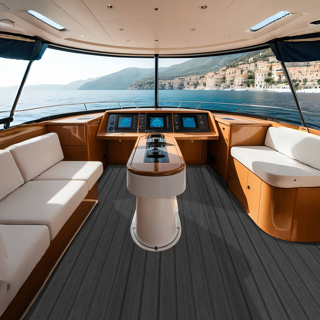 Dark gray yacht deck flooring covering the boat walkway with V-groove ridges