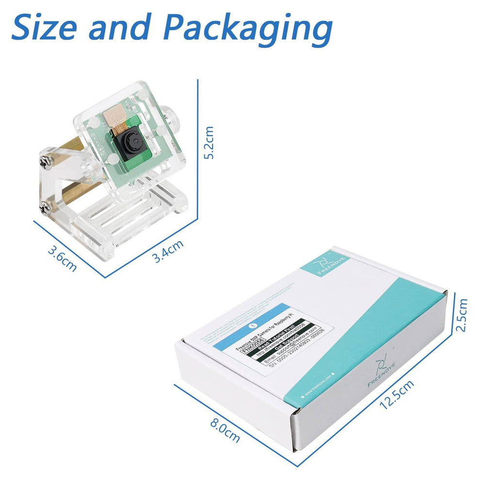 Clear acrylic camera module and retail box packaging for Raspberry Pi camera kit